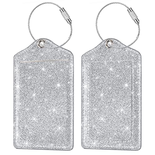 (Set of 2) Luggage Tag Leather Privacy Cover ID Label Address Card with Stainless Steel Loop, Travel Bag Tags Suitcase Labels, Glitter Silver
