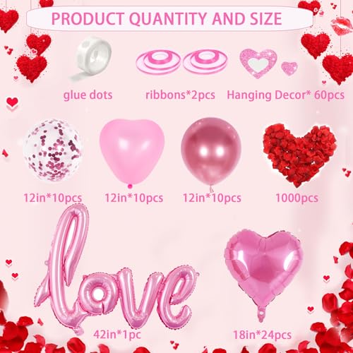 Image of Pink Valentines Day Decorations with Heart Balloons and Love Balloon, Fake Rose Petals for Wedding Decor, Anniversary Decorations Romantic with Pink Latex Balloons and Heart Hanging