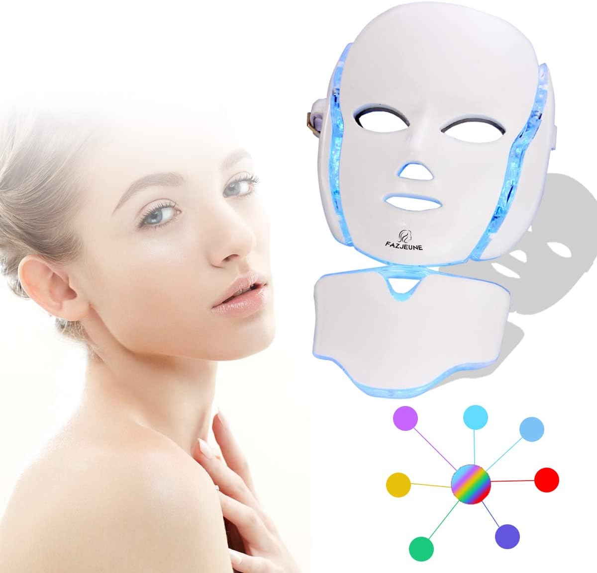 7 Color LED Facial Mask, FAZJEUNE Skin Treatment Mask & Neck Light