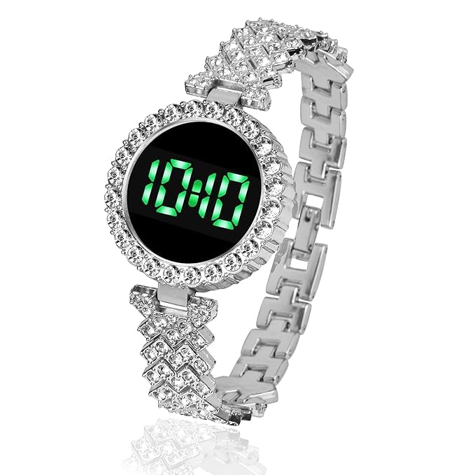 MOOVER Elegant Rose Gold LED Digital Watch with Rhinestone Bracelet – Trendy Smartwatch for Stylish Girls & Women-Elegant Black Dial for Fashionable and Trendy Wear (Silver)