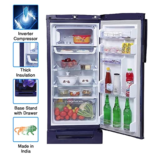 Image of Godrej 190 L 5 Star Inverter Direct-Cool Single Door Refrigerator (RD 1905 PTDI 53 JW BL, Jewel Blue, Base Stand with Drawer)