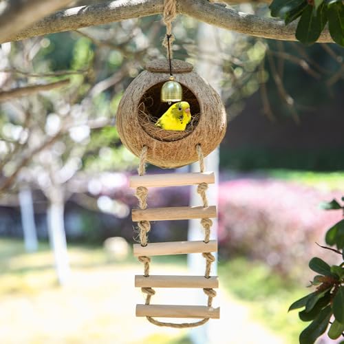Image of Briwooody Coconut Shell Bird Nest House Breeding Bed Nestingand Anti-Pecking Bite with Natural Coir Fiber Bird Nest Toy Bell for Parrot Budgie Parakeet Cockatiel Conure Lovebird Canary Finch(Classic)