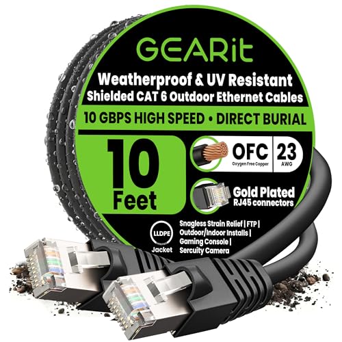 Image of GEARit Cat6 Outdoor Ethernet Cable (10ft) 23AWG Pure Copper, FTP, LLDPE, Waterproof, Direct Burial, In-Ground, UV Resistant, POE, Network, LAN, Internet, Cat 6, Cat6 Cable - 10 Feet