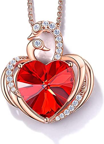 JD&P Swan Love Heart Pendant Necklace for Women Girls, 18k Gold Plated July Crystal Birthstone Necklace, Rose Gold Tone Jewelry Christmas Gifts for Mom Grandma, 18+2 inch Box Chain