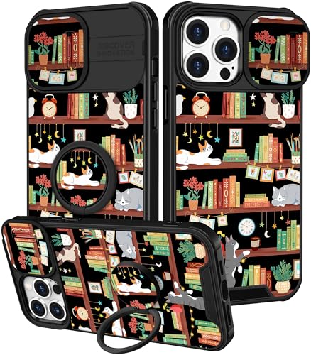 Image of Funermei for iPhone 14 Pro Case - Women Girls Cute Phone Cover Girly Pretty Aesthetic Cat and Books Unique Design with Camera Cover Funda for Apple for iPhone 14 Pro