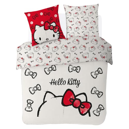 SAHINLER créateur d'univers Hello Kitty - Housse de Couette Hello Kitty Nœuds 220x240 cm + 2 taies d'oreiller 63x63 cm - 100% Coton - Ecru