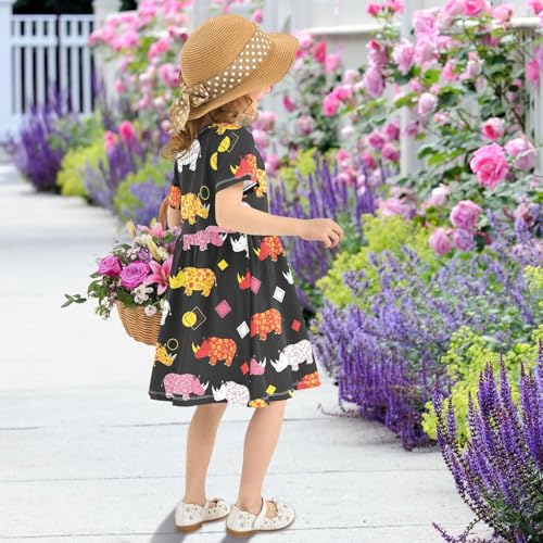 Girls Summer Dress Short Sleeve A Line Colorful Rhinos on Black Casual Dresses for Kids 2-8 Years4
