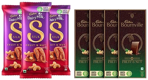 Image of Cadbury Dairy Milk Silk Fruit and Nut Chocolate Bar, 137g (Pack of 3) & Bournville Raisin and Nuts Dark Chocolate Bar, 80g (Pack of 4)