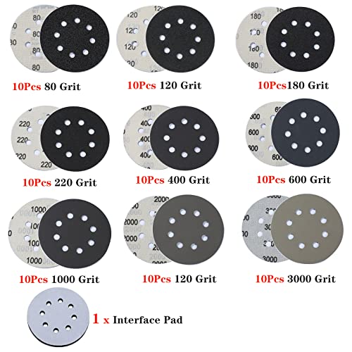 5 Inch Sanding Disc 90 Pcs, 8 Holes Wet Dry Silicon Carbide Hook And Loop Round Flocking Orbital Sandpaper 80 120 180 220 400 600 1000 2000 3000 Assortment Grits For Wood, Metal, Auto, Car Polishing #TOP6