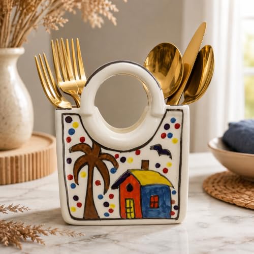 Image of Ceramic Cutlery Holder for Kitchen - 450 ml Utensil Organizer - White Floral Design - Spoon Stand for Kitchen Counter, Dining Table & Home Decor (Hut Hand Painting)