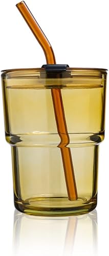 Vaso de café helado de 13 oz13.5 fl oz con popote y tapa sellada de transporte, taza de vidrio de pared gruesa para agua, taza de té (ámbar) disponible en Yaxa Mexico