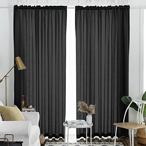 Image of Melodieux Black Semi Sheer Curtains 108 Inches Long for Living Room Bedroom Extra Long Linen Look Rustic Rod Pocket Voile Drapes, 52 by 108 Inch (2 Panels)
