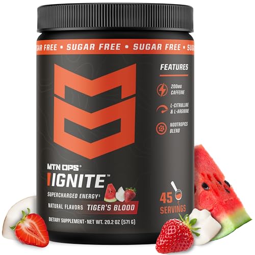 MTN OPS Ignite Sugar Free Energy Drink Powder with 200mg Caffeine, Nootropic Blend for Energy, Focus & Endurance, L Arginine & L Citrulline Pre Workout, 45 Servings, Tiger's Blood