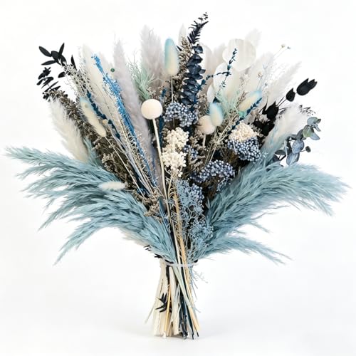 WXQX Dusty Blue Pampas Grass Arrangement Blue and White Dried Flower Bouquet with Navy Eucalyptus Cool Tone Preserved Florals for Wedding Bridal Bouquet Coastal Home Dcor