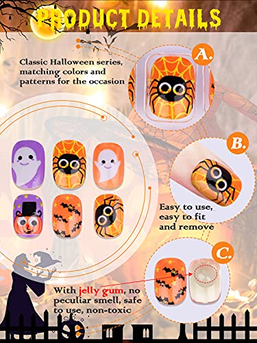128 Stücke Halloween Künstliche Nägel Kinder falsche Fingernägel, EBANKU Kinder Kunstnägel Press on Nails, Totenkopf… – Bild 5