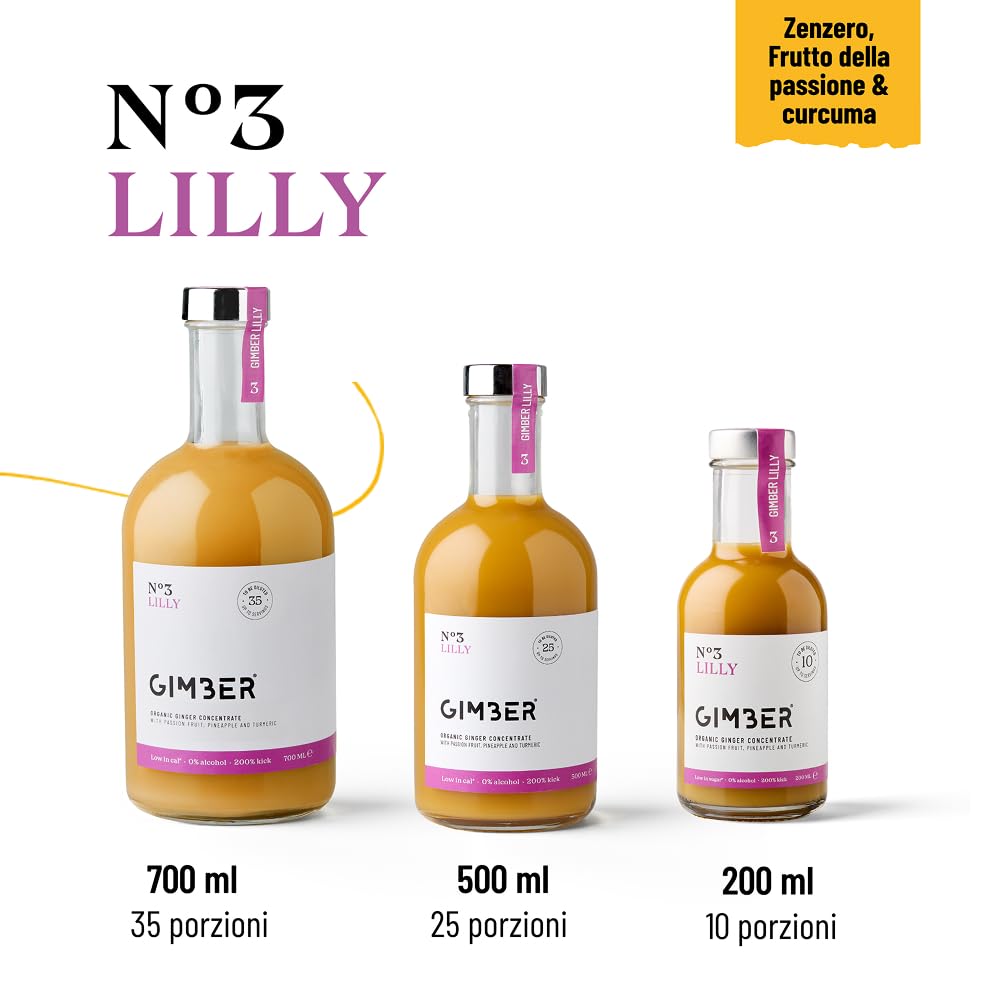 GIMBER N°3 500 ml Lilly – Concentrato di zenzero biologico | Concentrato analcolico di zenzero, frutto della passione, ananas e curcuma | Essenza premium per bevande, cocktail, cocktail e analcolici