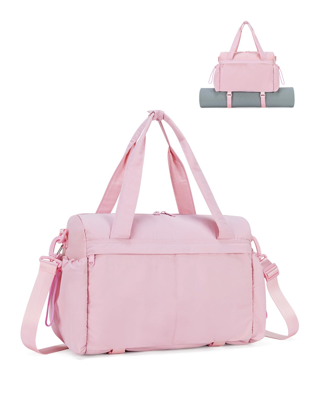 Small Gym Bag Womens with Yoga Mat Holder and Wet Compartment, Yoga Mat Bag with Bottle Pocket, Mini Travel Bag with Shoulder Strap for Weekend Overnight, Puffer Pink