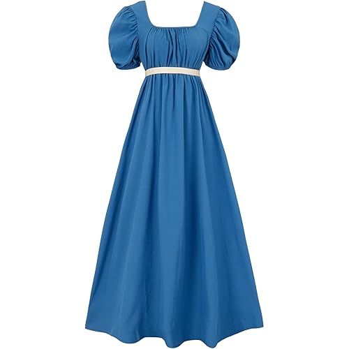 Regency Dresses for Women with Satin Sash Ruffled Puff Sleeve Empire Waist Dress Gown