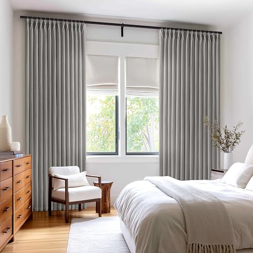 Image of Grey Linen Semi Sheer Pinch Pleated 40x108 Inch Curtains for Living Room | Gray, Floor To Ceiling 108 inch Extra Long, Light Filtering Privacy, Bedroom, Burlap Textured, Hook Rings Memory Shape Drapes