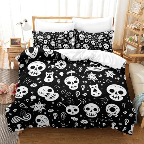 Housse de couette crâne 220x240 cm en microfibre avec 2 taies d'oreiller