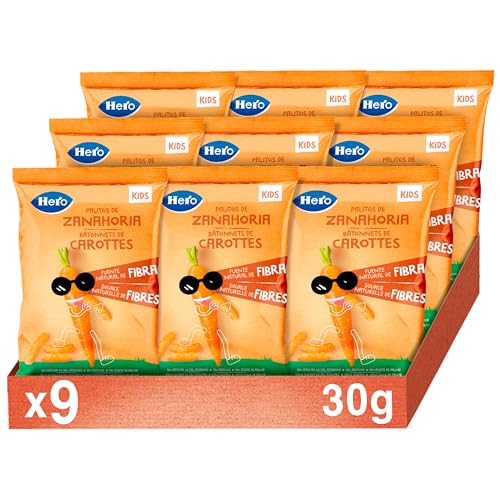 Hero - Hero - Snack Bâtonnets Carotte, Sans Sucre, Sans Gluten, Sans Huile de Palme ni Allergènes, Origine Naturalle, Produit Écologique - Pack de 9x30gr