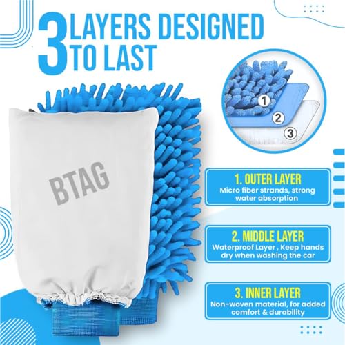Image of Btag Double Sided Microfibre Wash Mitt Cleaning Gloves (2 Pcs, 2400 GSM, Size 26 X 19 Cm, Extra Large, Super Absorbent, Big Chenille Mitt Glove) (Sky Blue)