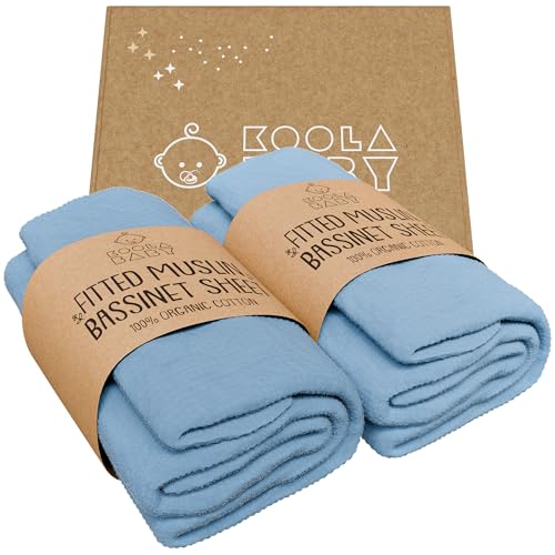 Image of Bassinet Fitted Sheets - Compatible with SNOO Happiest Baby Oval Bassinet | 100% Organic Muslin Cotton - Light Blue + Dark Blue | 30x16 (2 Pack)