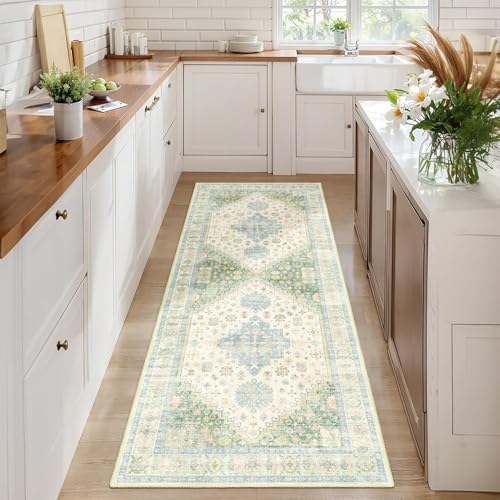 MUJOO Tapete corredor lavable, 2x6 pies, boho, verde y azul miniatura 2