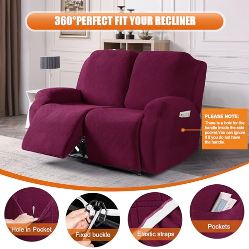 Image of VANSOFY Recliner Cover, 2-Pieces Stretch Reclining Couch Cover with Pockets Loveseat Sofa Slipcovers Soft Washable Furniture Protector for Dogs Cats(Burgundy)