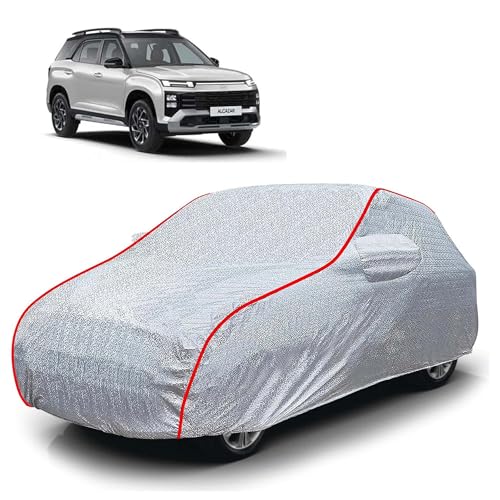 Image of Sulfar 100% Waterproof Car Body Cover Compatible with Mirror for Hyundai Alcazar (Triple Stitched, Full Bottom Elastic, Magic Silver with Red Piping)