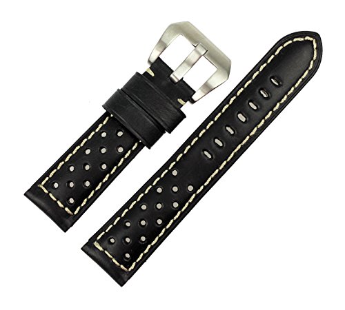 RECHERE Cuir Mat grands trous Argent brossé de point de montre de bracelet montre bande bracelet Pin Boucle 24u00a0mm (Noir)