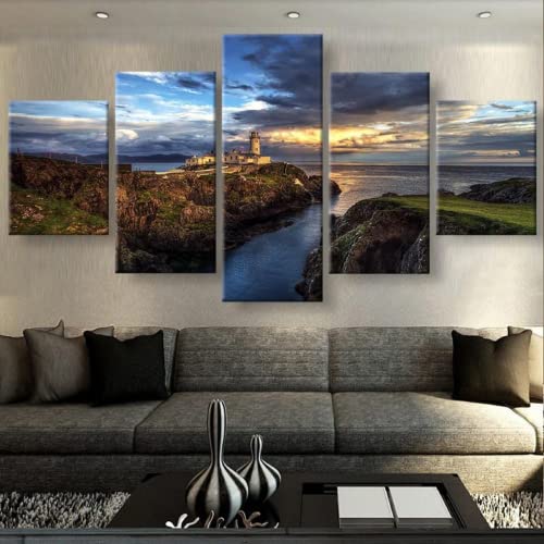 5 Paneles Lienzo Poster Wallfillers Juego De Decoración Dormitorio Cuadro en Lienzo Irlanda Steep Cliff Lighthouse Atardecer Marina Cuadro Multipanel Estilo Abstractos Lienzo Regalo De Pintura
