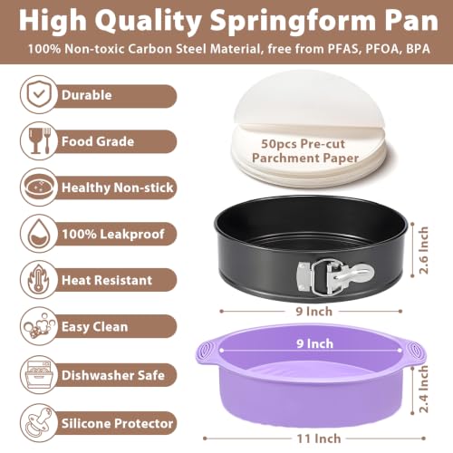 Springform Pan 9 Inch Nonstick Cheesecake Pan with Protector, Leakproof Spring Form Pan for Cheesecake, Round Cheese Cake Pans for Baking, 9 Inch Springform Cake Pan with 50Pcs Parchment Paper — view 5