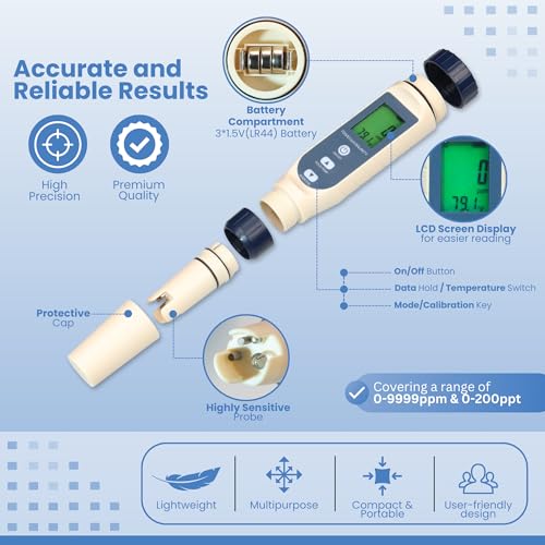 all-new 2025 pool salt tester amp ph meter  digital 5-in-1 salinity ph temperature ec amp tds meter for pools hot tubs aquariums hydroponics and drinking water  high accuracy amp easy calibration