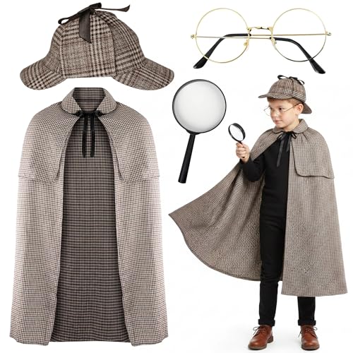 Victorian Detective Costume Set for Kids - Sherlock Holmes Fancy Dress with Deerstalker Hat Magnifying Glass for World Book Day Halloween Cosplay