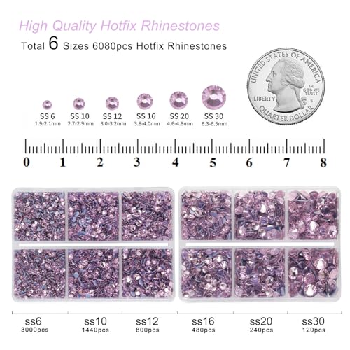 Image of BEADSLAND Hotfix Rhinestones, 6080PCS Pink Rhinestones for Clothes Crafts Mixed 6 Sizes with Wax Pencil and Tweezers Kit, SS6-SS30, Light Pink