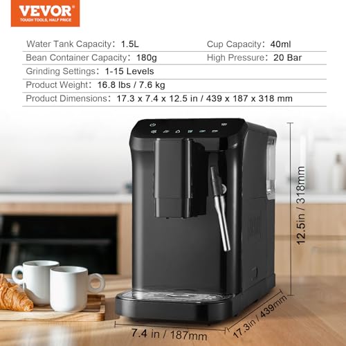 Image of VEVOR Automatic Espresso Machine, 20 Bar Auto Coffee Machine with Frother Steam Wand, Built-In Grinder and 15-Level Grinding Settings, Professional Espresso Coffee Maker with 1.5L Water Tank