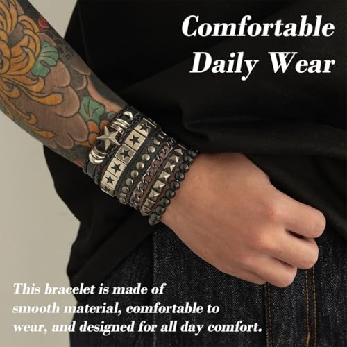 Image of GUSTAVE Bracelet for Man Punk Rock Studded Bracelets Black Leather Cuff Bracelet for Men Women Adjustable Goth Bracelets 80s Retro Style Wristband Halloween Party Accessories