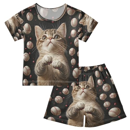 ALAZA Baseball Cat Kitten Black Pajamas Set Short Sleeve Cotton Sleepwear Summer Pjs 2 Piece 5-14Y