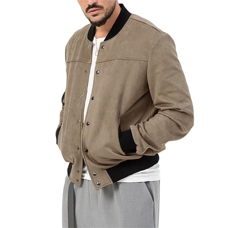 Image of Mens Faux Suede Bomber Jacket Varsity Jacket Windbreaker Vintage Casual Lightweight Leather Coats Jackets