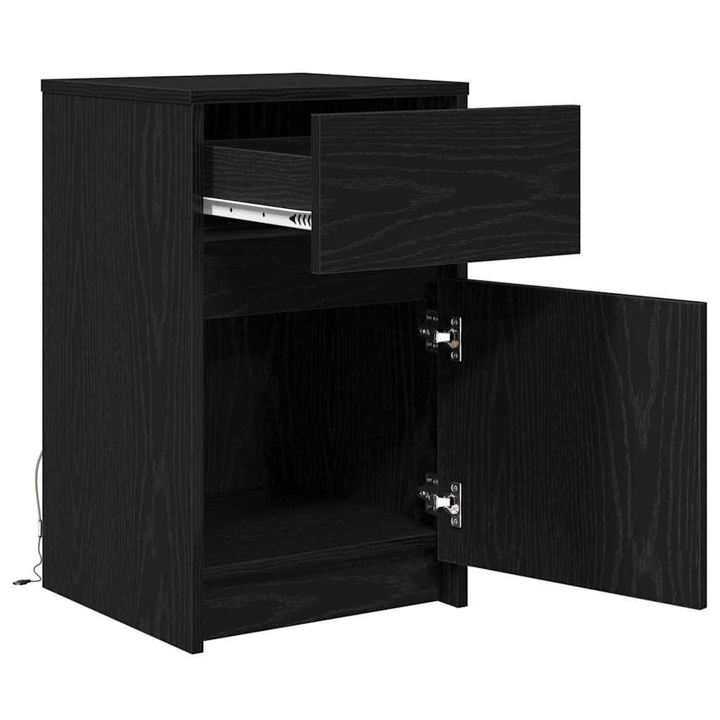 LED Nachttisch 2 Stück Schwarz Eichen-Optik 38 x 34 x 61 cm mit Schubladen und Stauraum, Holzwerkstoff Nachtschrank für Schlafzimmer, Wohnzimmer, Kinderzimmer, USB LED-Lichterketten