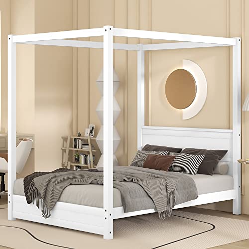 Canopy Bed Frame Full Wood 4-Poster Panel Beds Modern Full Size Platform Bed With Headboard, No Box Spring Needed, White #TOP2