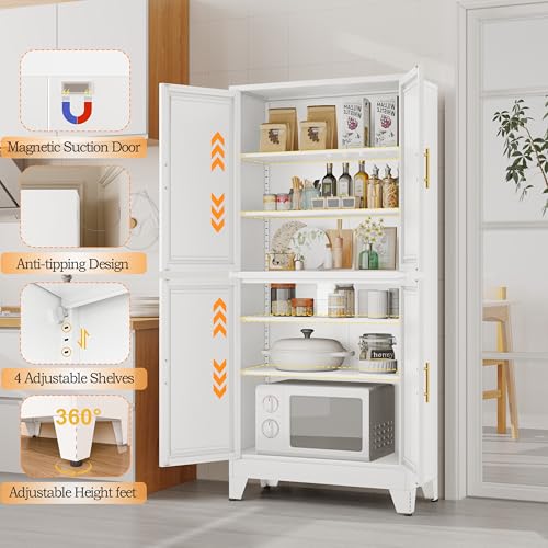 Image of GAIOUS 75.2 inch Tall Metal Pantry Cabinet, Kitchen Pantry Storage Cabinets with 4 Door and 4 Adjustable Shelves, White Storage Cabinet, Freestanding Cupboard for Kitchen Dining Room Living Room Bathroom