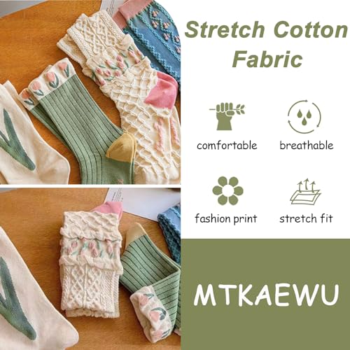 Image of 4 /5 Pack Cute Womens Floral Socks, Cotton Vintage Embroidered Casual Crew Socks, Girly Cottagecore Tulip Dress Socks