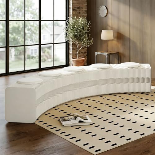 Image of 98 inch Kraft Paper Rectangle Ottoman - Collapsible Stool with 5 Cushions, 660 lbs Honeycomb Folding Bench, Aesthetic Portable Stool, Entryway Bench & Space-Saving Vanity Seat (White, 5 Seats)