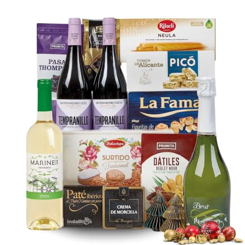 Familycom. Cesta Navidad Gourmet Surtido con Chocolates originales de regalo. Lote de Turrón, Mantecados, Polvorones, Embutidos, Selección de Vinos y Champagne, Dátiles y Mazapán.