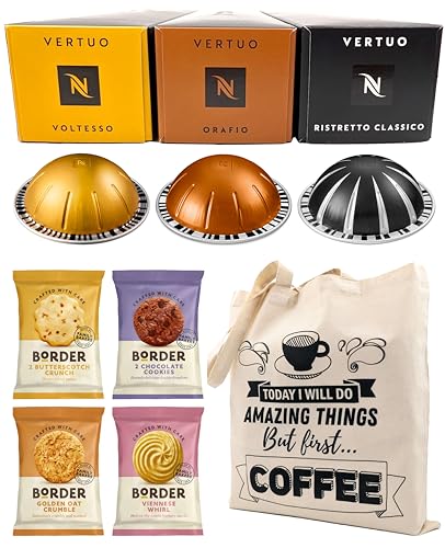 Nespresso Vertuo Coffee Capsules Espresso Selection - Voltesso, Orafio, Ristretto Classico - 3 Boxes (30 Pods) Bundled with Border Biscuits & Giftable Tote Bag