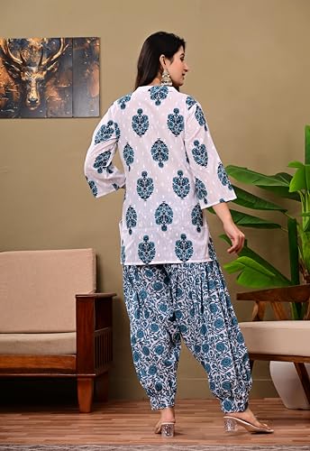 Image of Women's Cotton Floral Print Kurta Patiala Pant Set, White and Purple Traditional Indian Ethnic Wear with Damask Pattern