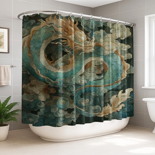 Rideau de douche polyester imperméable grand format dragon et vagues