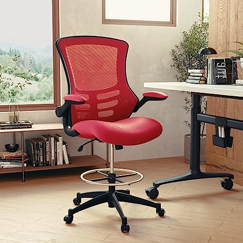 Image of Flash Furniture Kelista Mid-Back Swivel Office Chair with Adjustable Seat Height, Ergonomic Mesh Desk Chair with Flip-Up Armrests, Red